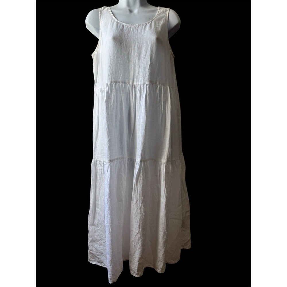Eileen Fisher Linen Tiered Dress Womens Sz Small White Midi Coastal Minimalist